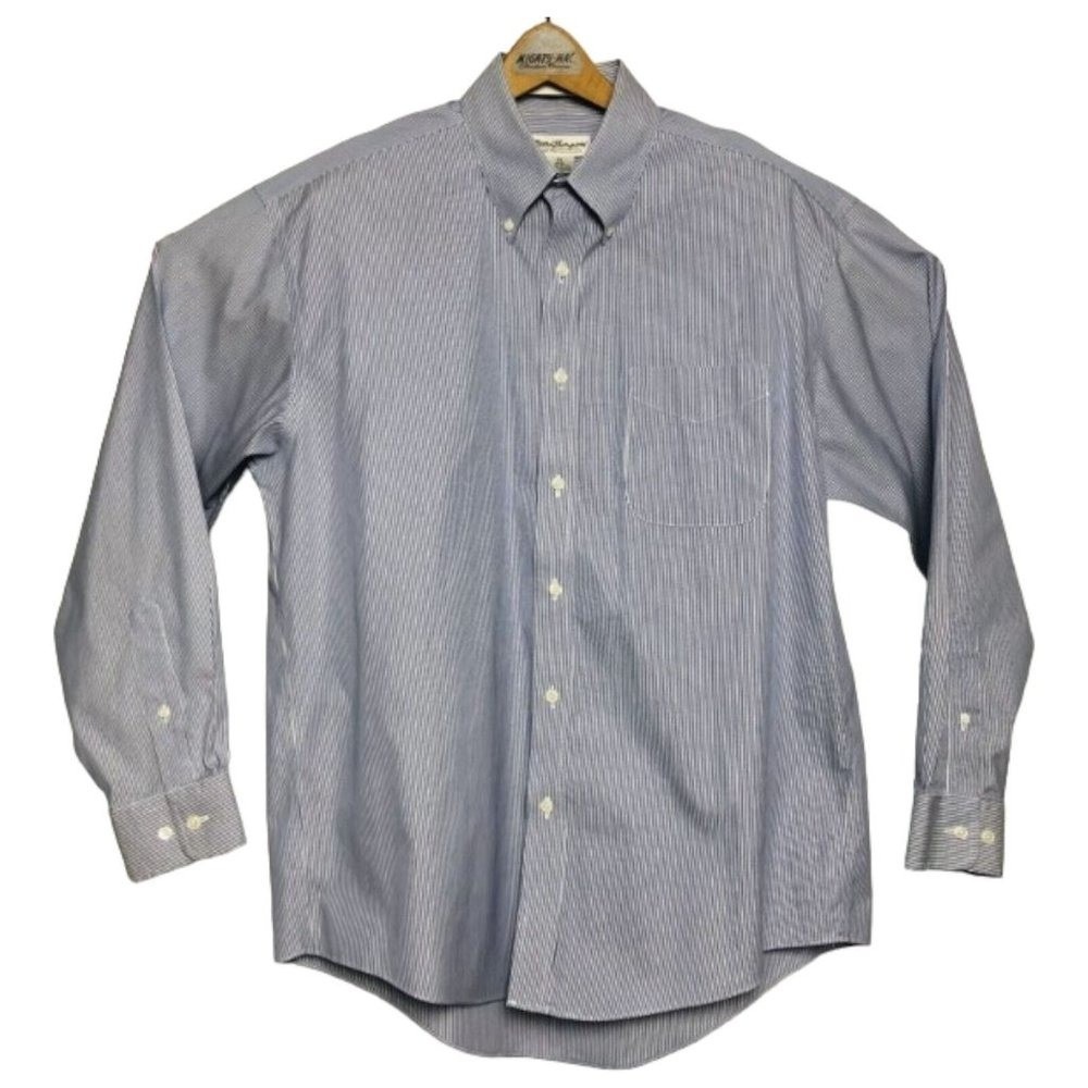 Norm Thompson White & Blue Stripe L/S Ctn Btn Down w/ Pocket Mens Sz 16.5X34/35